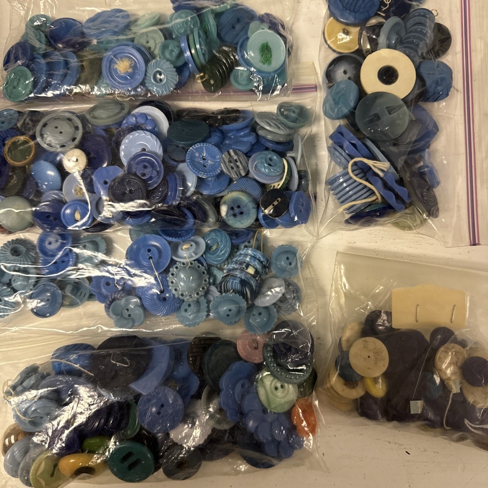 Vintage BLUE + Plastic Celluloid Lucite & Other Old Buttons Lot 1970's 80's 90's